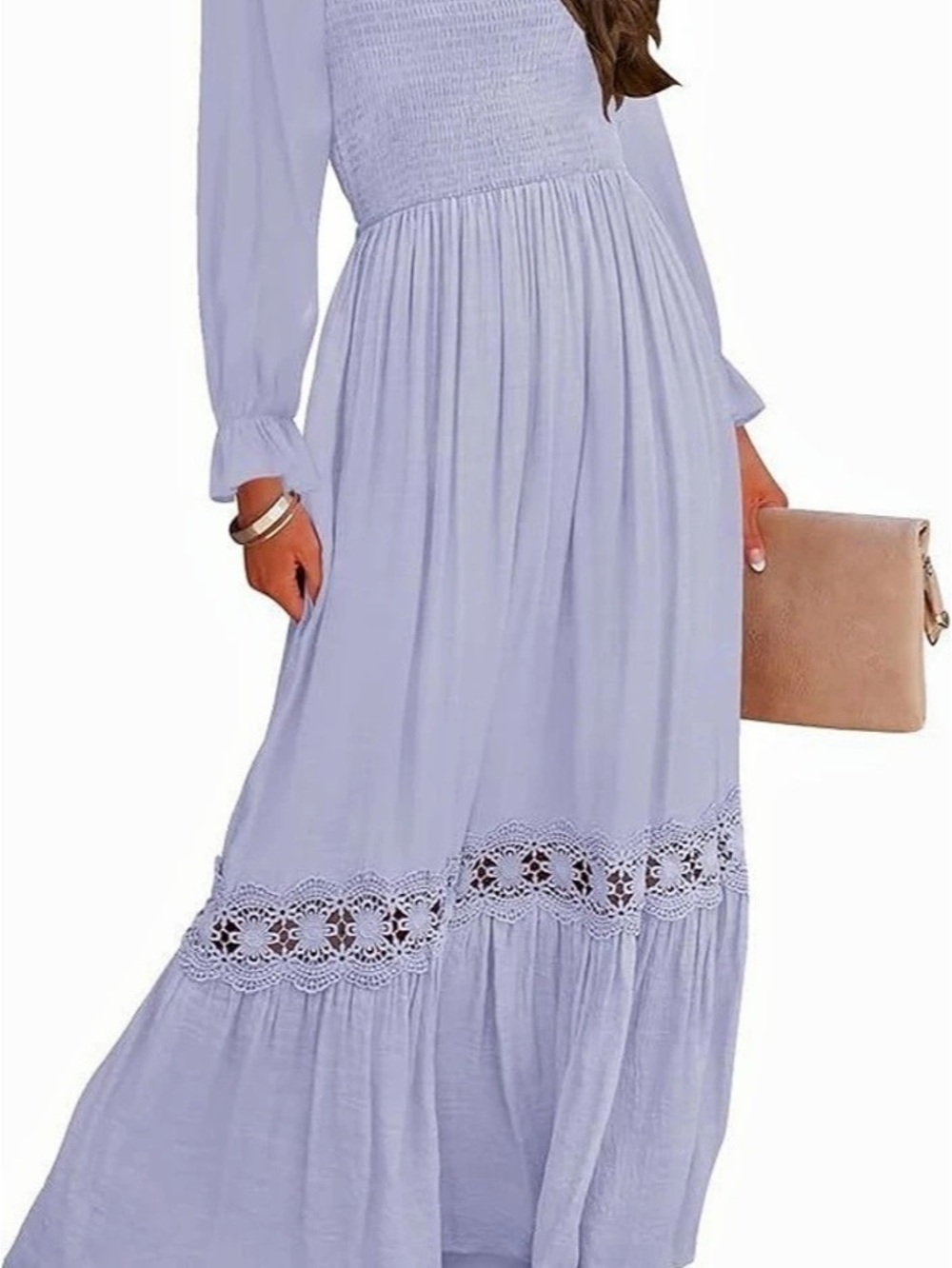 Zesica Long Sleeve Smocked Maxi Dress with Crochet Detail